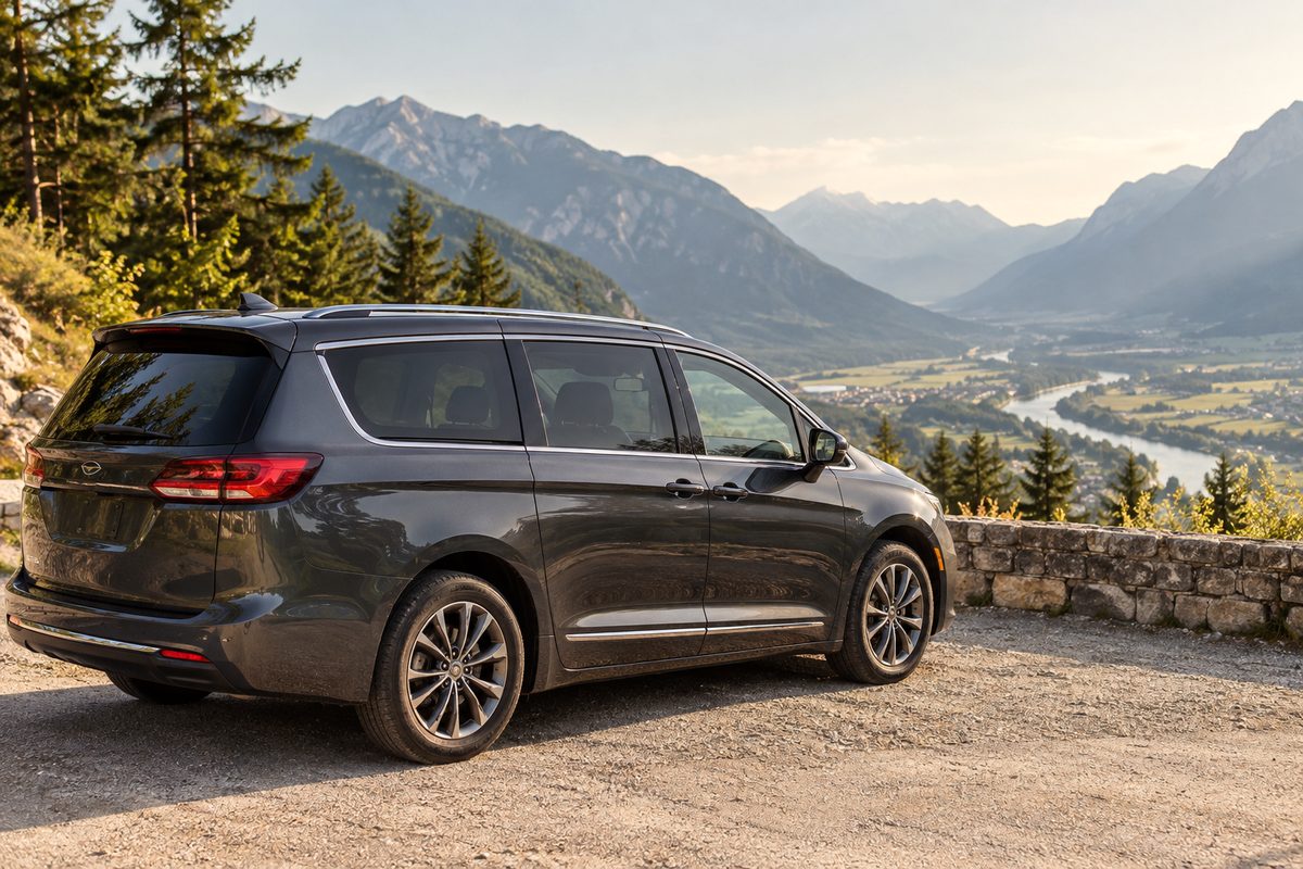 Modern touring minivan parked at a scenic lookout over the Adige valley orchards
