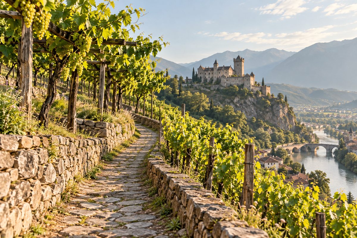 Stone pathway ascending between hillside grape trellises toward Castle Tyrol above Merano