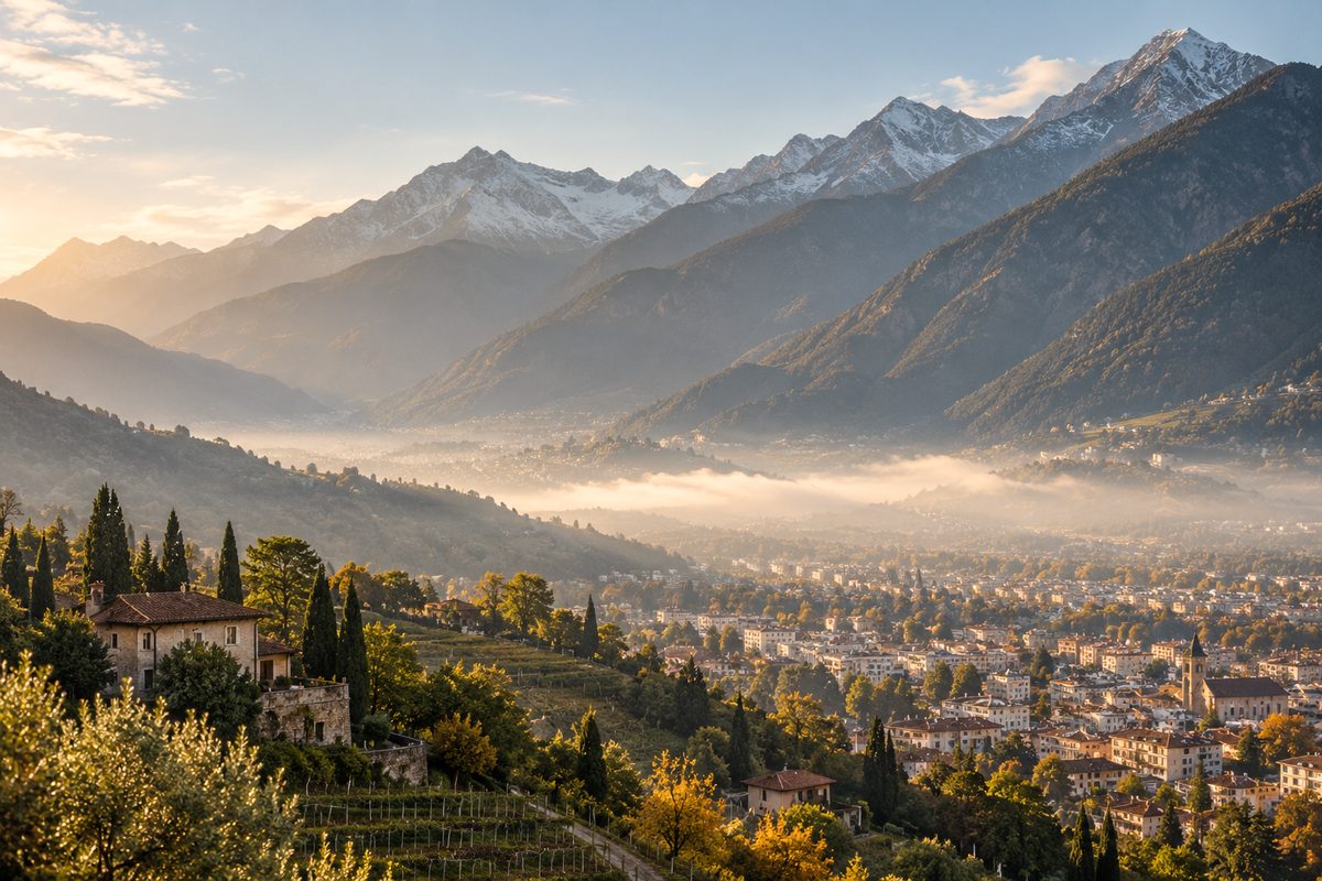 Layered alpine mountain ridges rising above the Merano valley floor in morning mist
