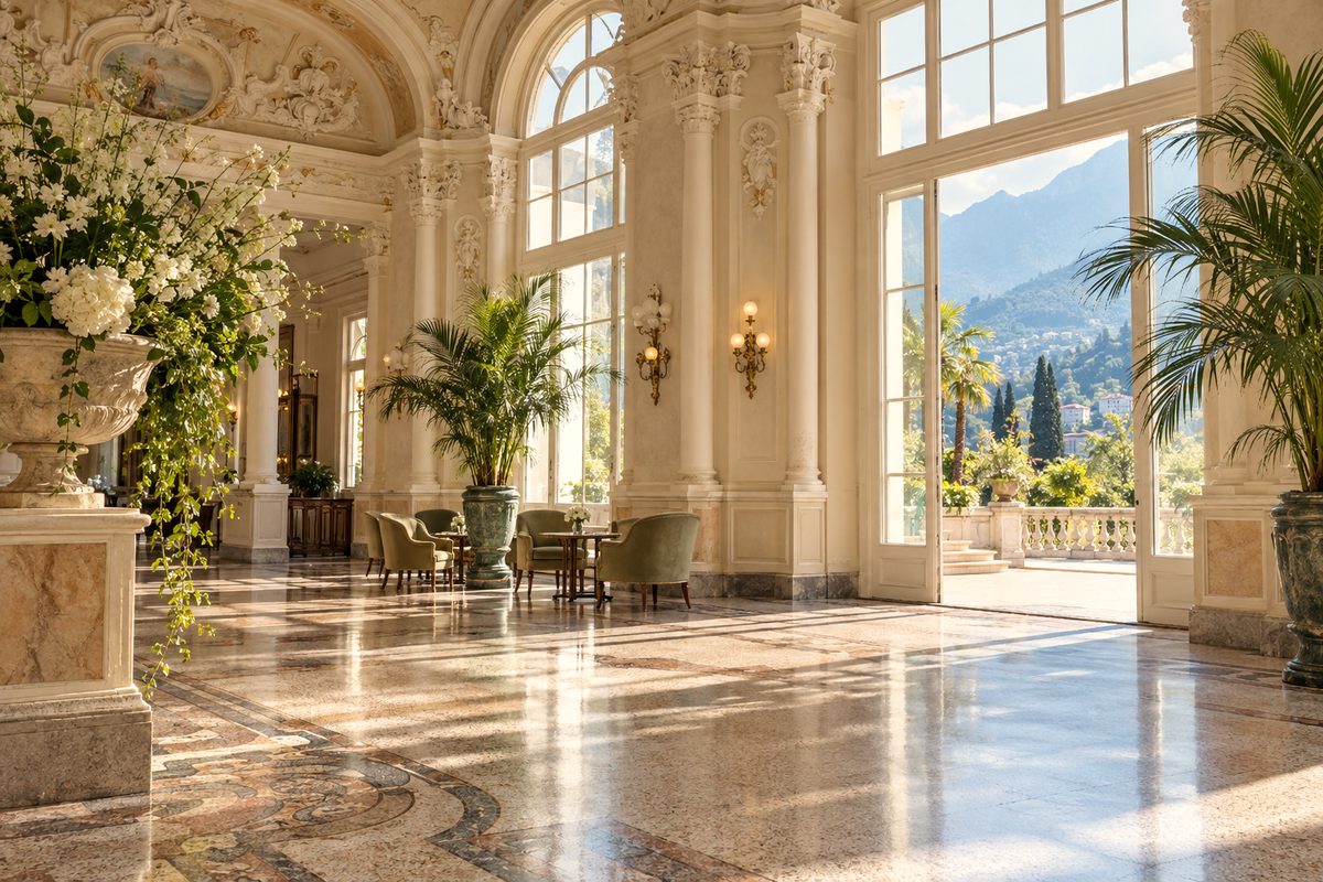 Art Nouveau classical stucco and tall arched windows inside the Kurhaus in Merano