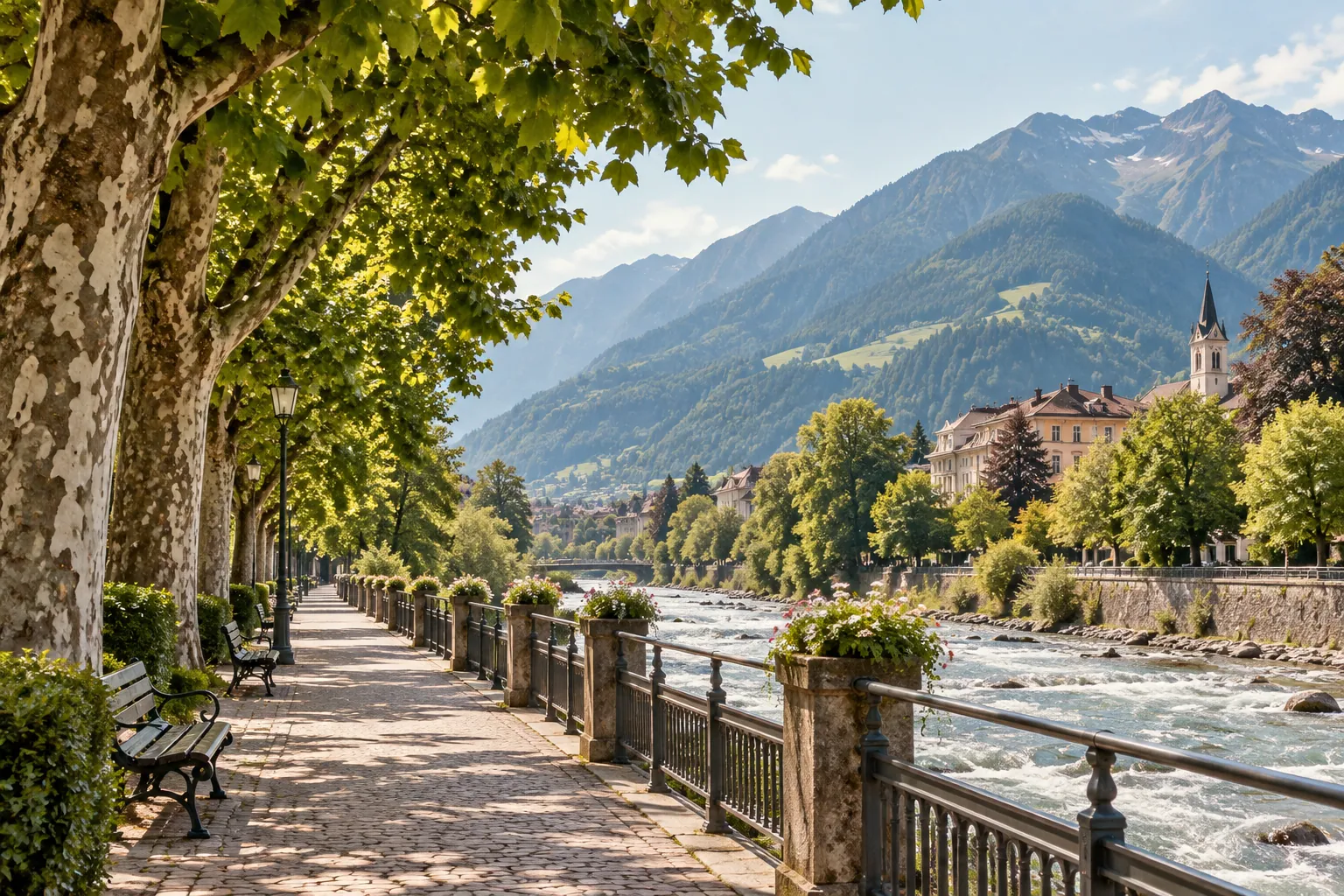 Paved walking promenade along the Passer river in Merano under tall plane trees