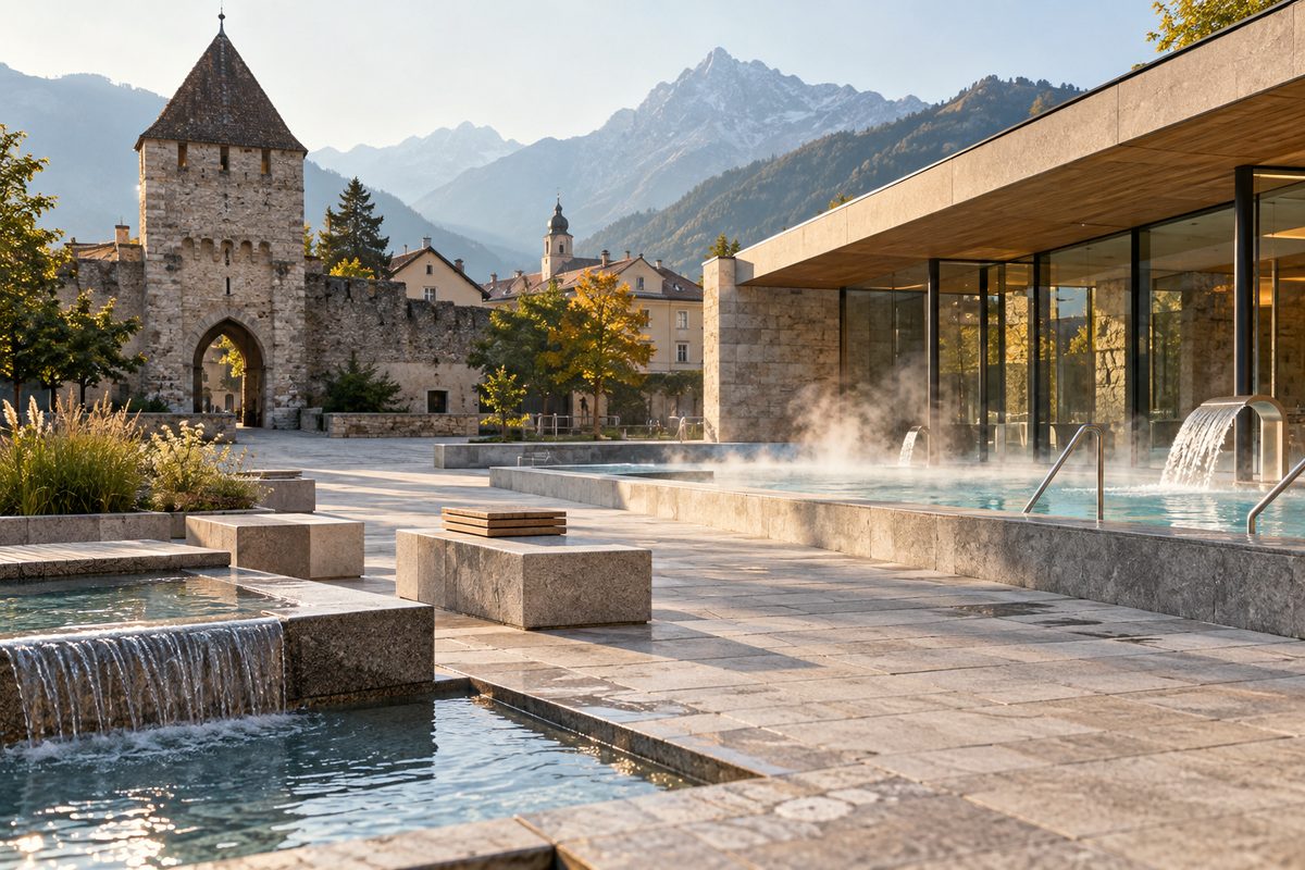 Open pedestrian plaza at Piazza Terme in Merano with stone seating and reflection pools