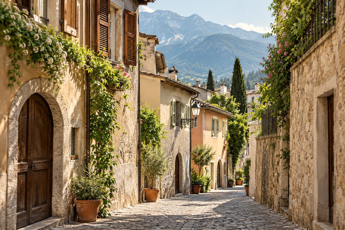 Quiet historic cobblestone lane in the medieval Steinach quarter of Merano
