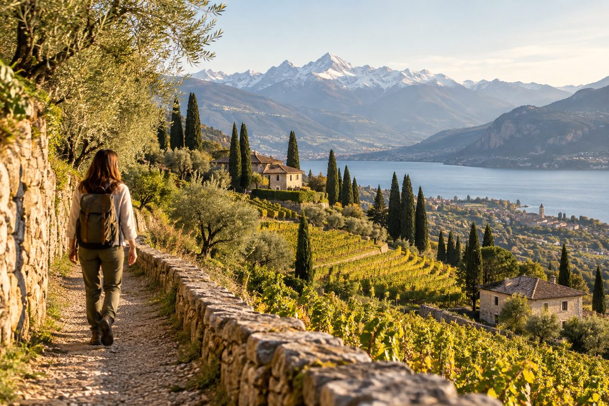 Sunlit gravel path of the Tappeinerweg flanked by Mediterranean vegetation and hillside vineyards