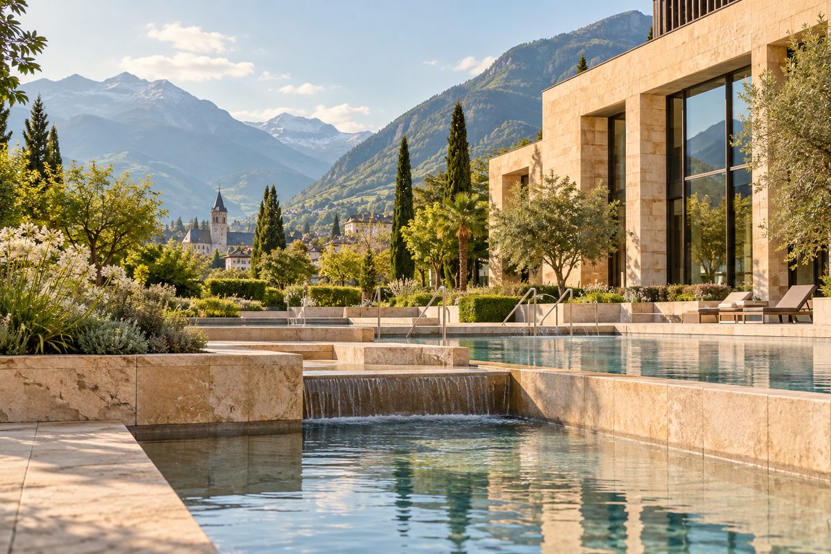 Manicured gardens and stone pools outside the thermal baths complex in Merano