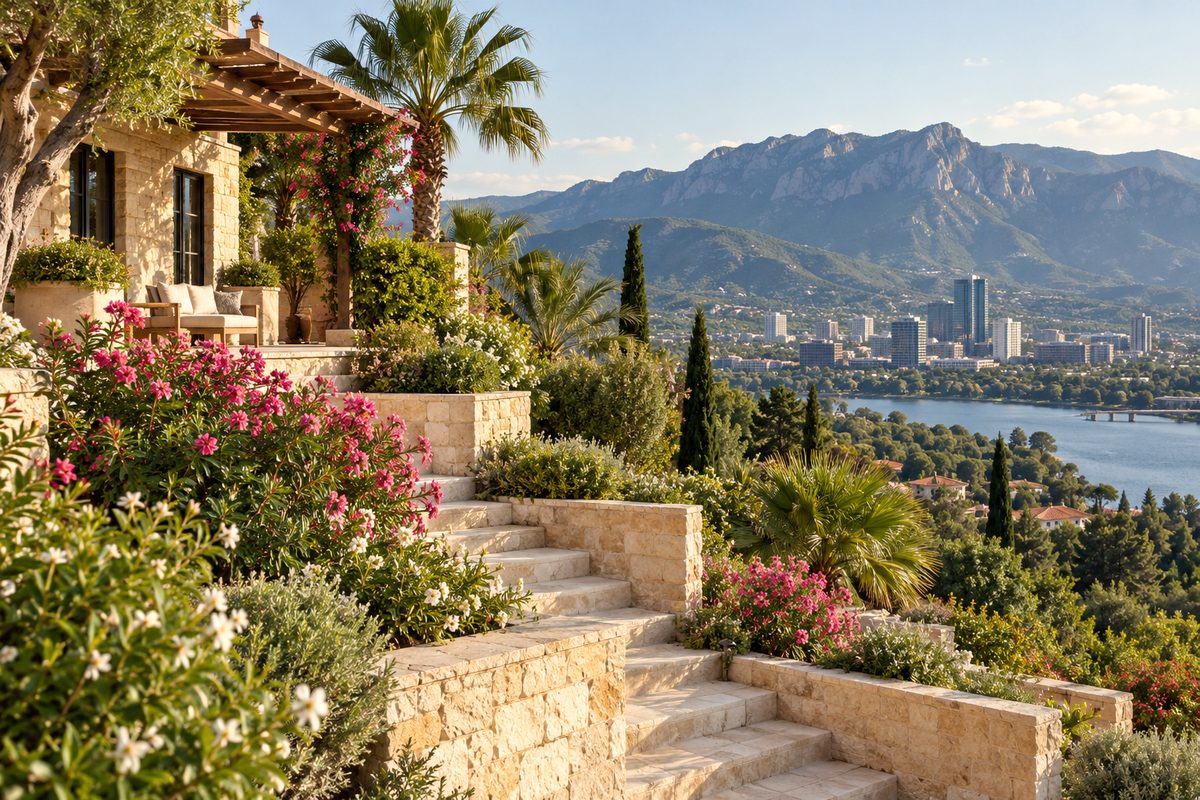 Terraced botanical gardens and hillside walking paths overlooking the Merano valley