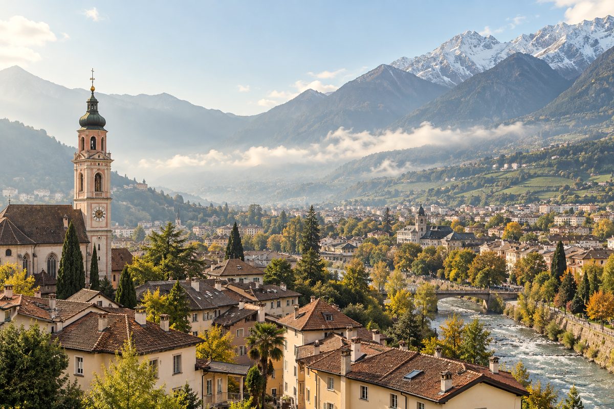 Panoramic morning view of historic Merano rooftops against South Tyrol alpine ridges